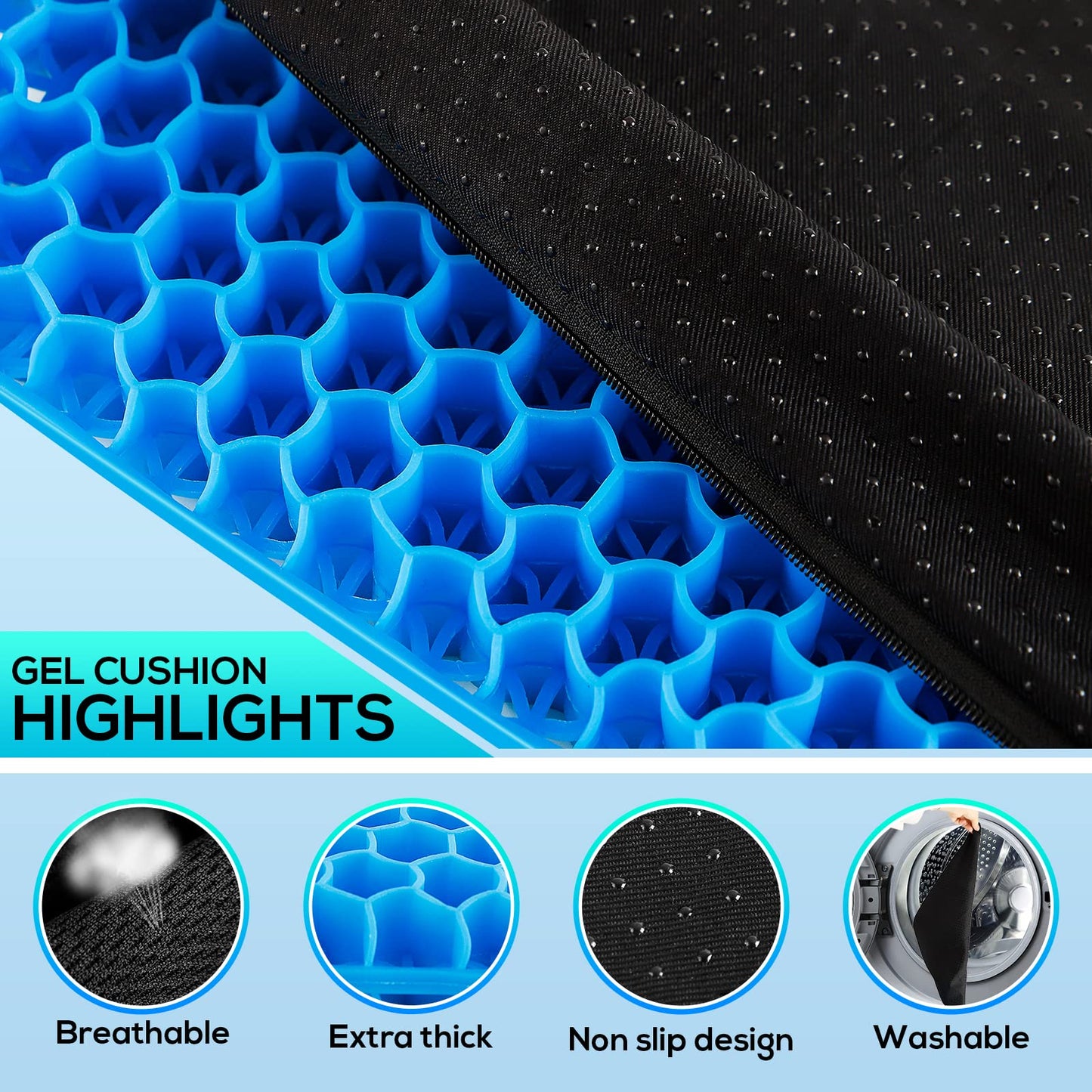 Gel Seat Cushion for Long Sitting, Gel Cushion for Wheelchair Soft, Cooling Gel Chair Cushion More Comfortable, Gel Car Seat Cushion Breathable, Gel Seat Cushion for Office Chair for Hip Pain