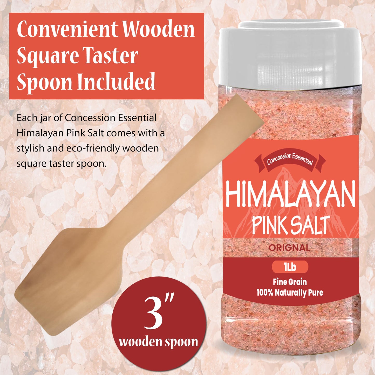 Concession Essentials- Himalayan Fine Grain Pink Salt (1lb) Includes a 3" Wooden Scoop