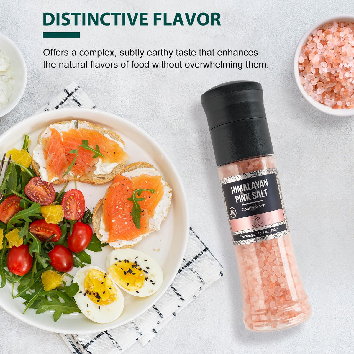 Soeos Salt Grinder Set, Himalayan Pink Salt, Coarse Grain, Salt for Grinder Refill, 13.4 Oz (380g), Refillable Plastic Bottle, Rock Salt, Kosher Salt Set (Pack of 1)