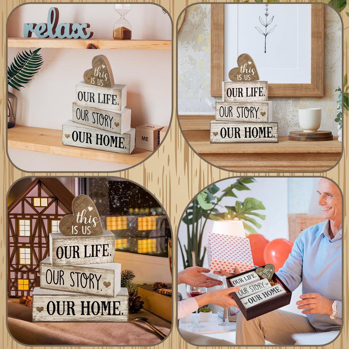 Conelist 4 Pcs Farmhouse Table Decoration Home Sweet Farmhouse Tiered Tray Decor This is Us Centerpiece Rustic Heart Boat Pink Bow Bless Block Sign Gift for Kitchen Table Kitchen Shelf (Heart)