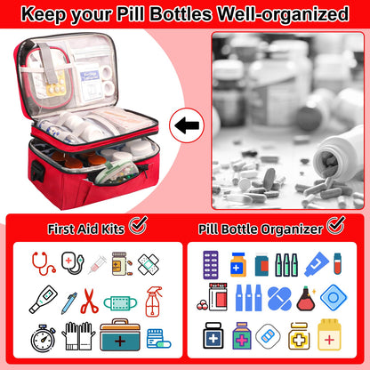 Tesuko Medicine Bag for Traveling with Portable Small Pouch, Double Layer Pill Bottle Organizer Storage Case with Lockable Zippers, Carrying Medication Travel Case with Shoulder Strap (Bag ONLY), Red