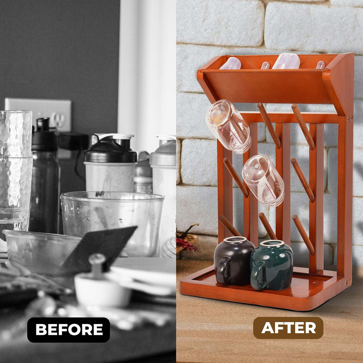 Nabytok Brown Vertical Bottle Drying Rack Rubber Wood 9 Hooks, Use for Bottles, Cups, Mugs, Glasswine, Space Saving Storage Shelf Bottle Holder Dryer Kitchen