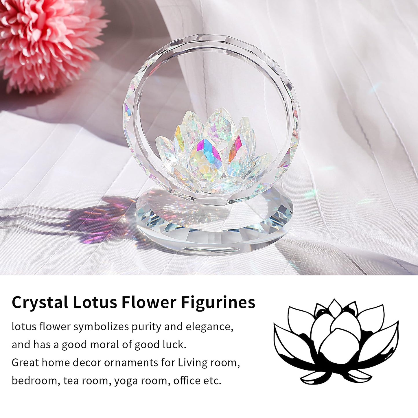 LONGWIN Crystal Lotus Flower Basket Figurine Collectible Glass Flowers Art Decor Reflection Feng Shui Decorative Ornaments for Living Room Bedroom Office AB - Coated
