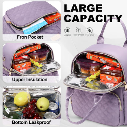 AIJIEKE Large Insulated Lunch Bag for Women, Double Compartment Leakproof Lunch Box for Work Office, Reusable Cooler Tote with Adjustable Strap & Side Pockets for Adults Picnic Beach, Purple