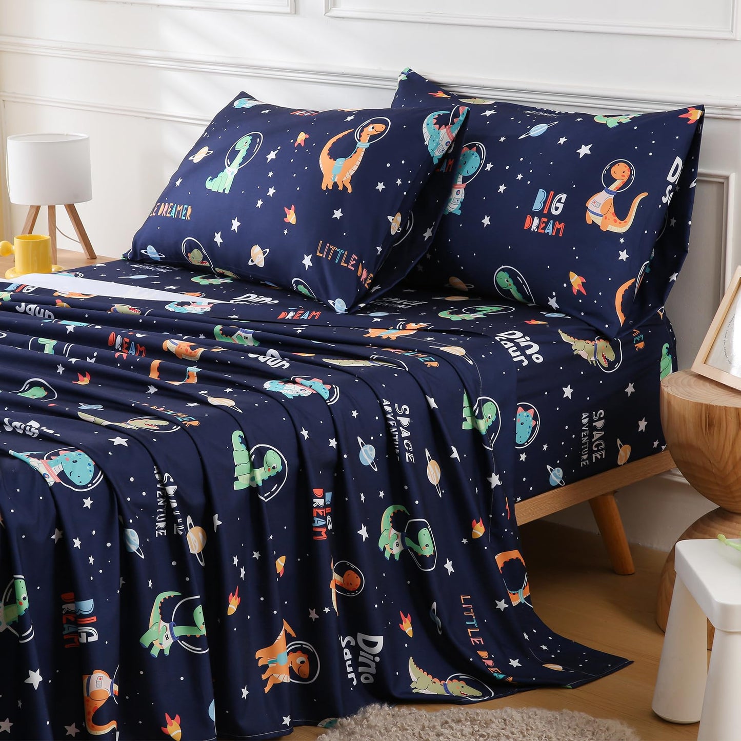 CIMVI Kids Full Size Bed Sheets Dinosaur Space Sheet Sets for Boys 15-Inch Deep Pocket Fitted Sheet Soft Breathable Microfiber Bedsheet with Pillowcase Children Room Decor