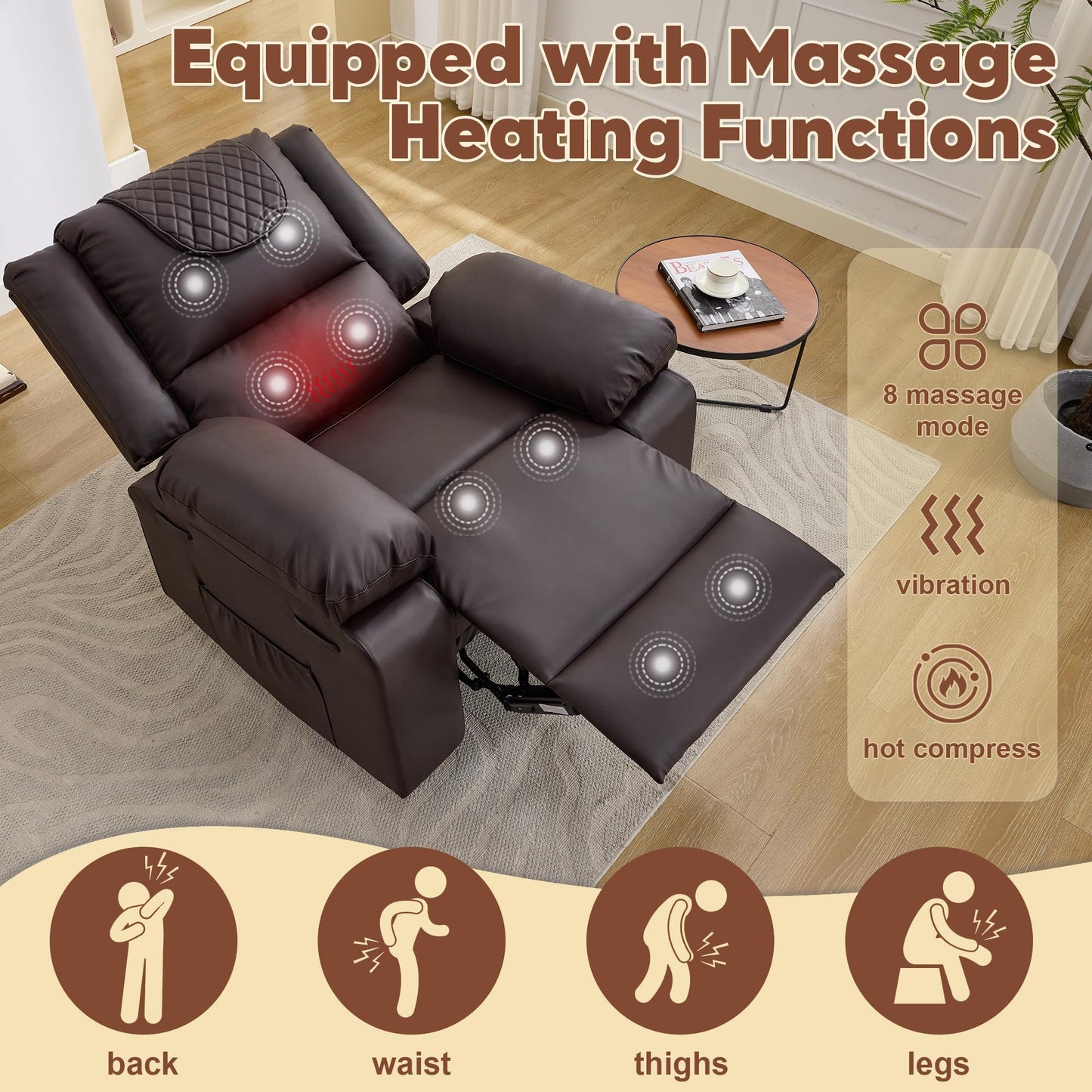 Adult Manual Recliner with Heating and Massage Functions (135° Front and Rear Adjustment) - Equipped with Side Storage Pockets and Remote Control, Suitable for Living Room and Bedroom(Coffee)