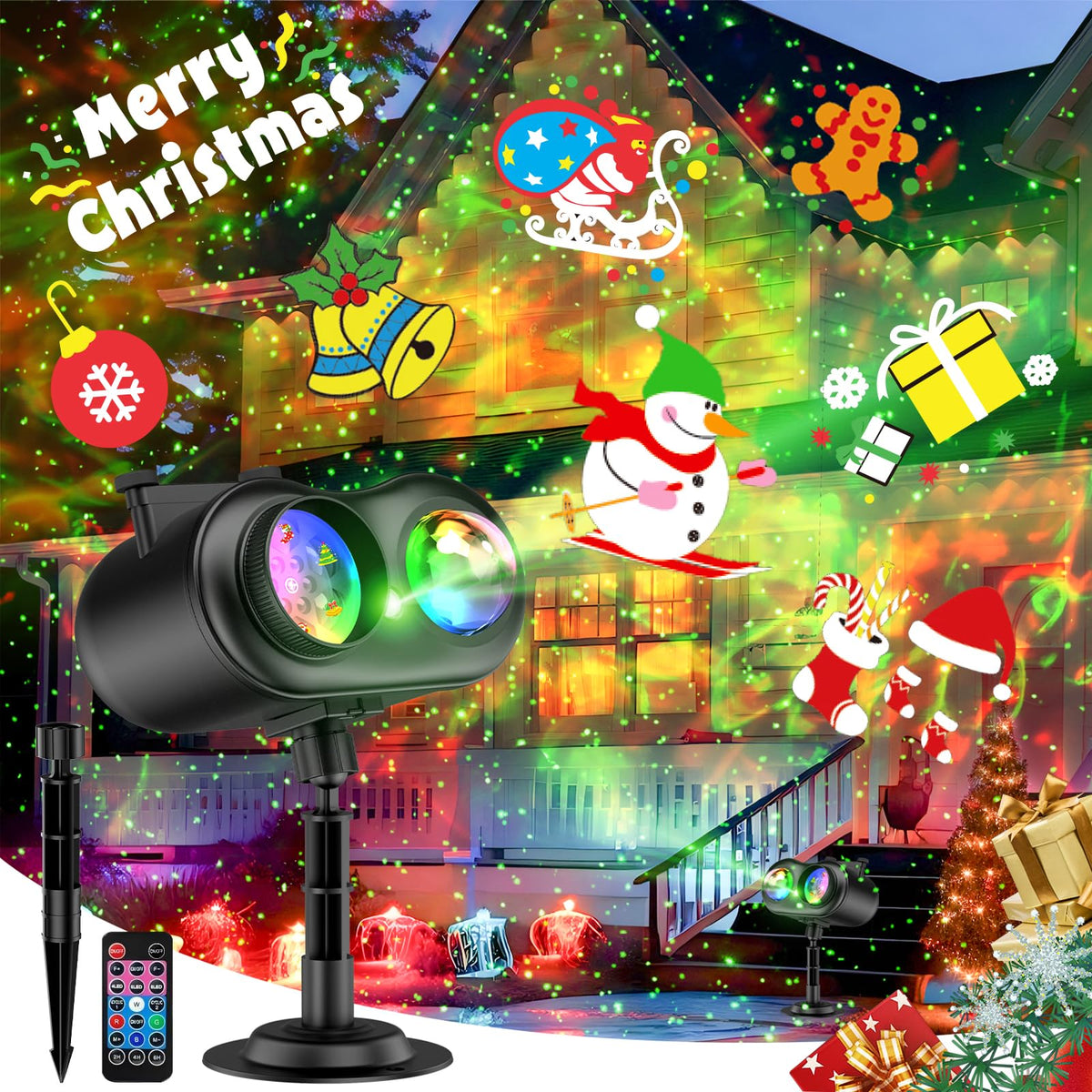 Christmas Projector Lights Outdoor Waterproof, 10 Slides x 8 Bright HD Patterns, Firefly & Ocean Wave Effects, Timer Snowflake Light Projector for House Yard Xmas New Year Valentine’s Thanksgiving