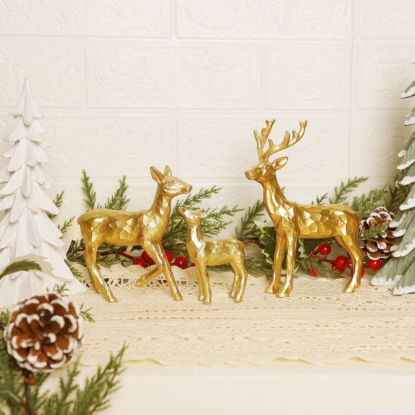 Lulu Home 3 PCS Christmas Tabletop Decorations, Resin Golden Reindeer Family Figurines with Diverse Postures, Xmas Holiday Winter Centerpieces Ornaments for Mantel Shelf Sill Decor(Family)
