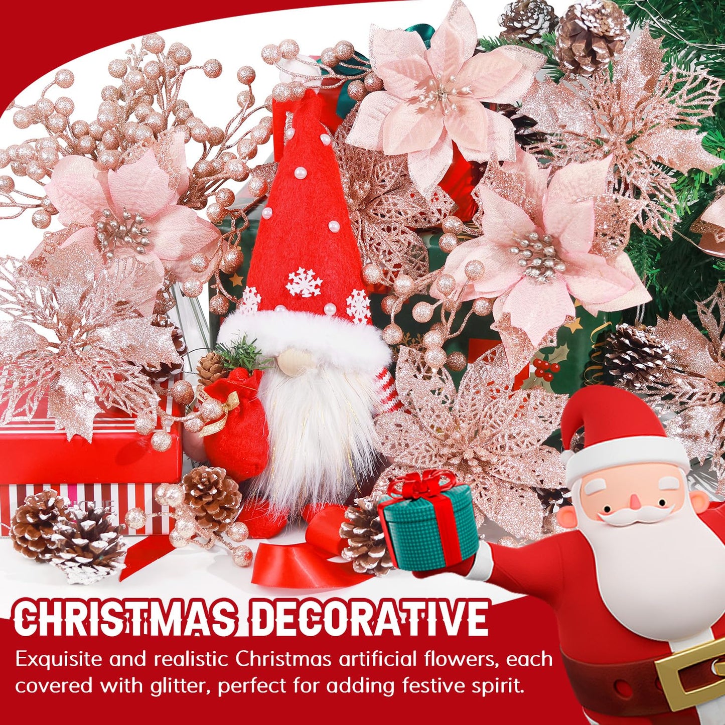 56 Pcs Christmas Decorations, 4 Styles Poinsettias Artificial Christmas Flowers Glitter Berries Stems Ornaments Tree with Pine Cones & Stems for Xmas Wedding DIY Wreath Floral Party (Rose Gold)