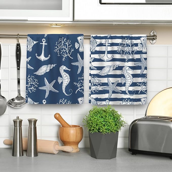 Blue Nautical Seahorse Corals Sea Turtle Kitchen Dish Towels Decorative Set of 4