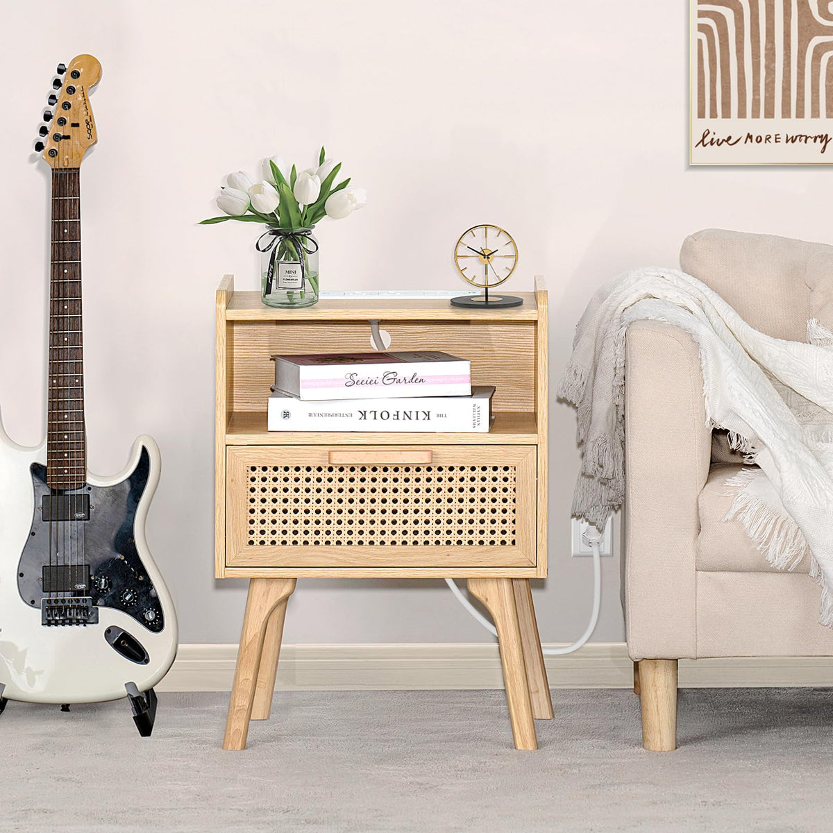 Lerliuo Rattan Nightstand with Charging Station, Boho Side Table with Drawer Open Shelf, Cane Accent Bedside End Table for Bedroom, Dorm and Small Spaces