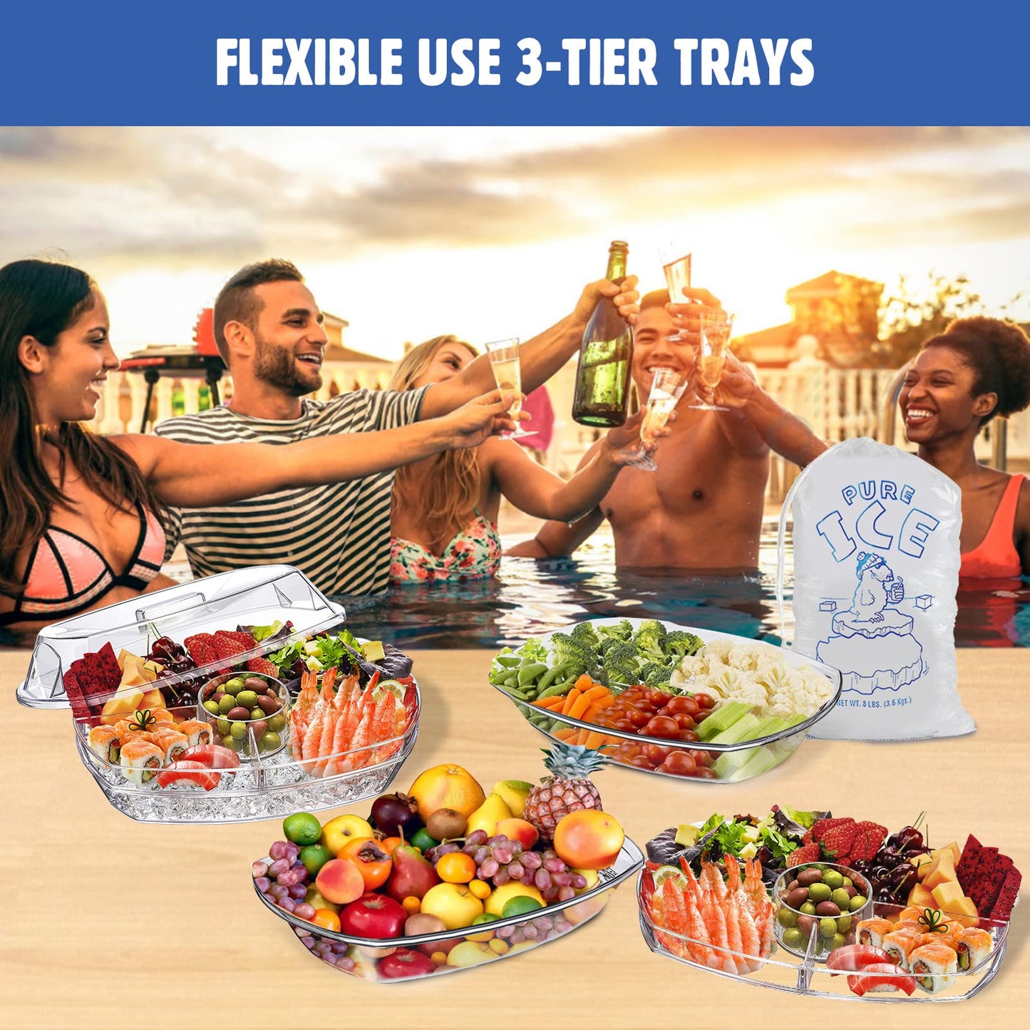 LIMOEASY Chilled Serving Tray, 15" Clear Plastic Party Platter with 4 Compartments, Ice Serving Bowl with Lid, Shrimp Cocktail Serving Dish, Cold Food Buffet Server for Fruit, Veggie, Appetizer, Sushi