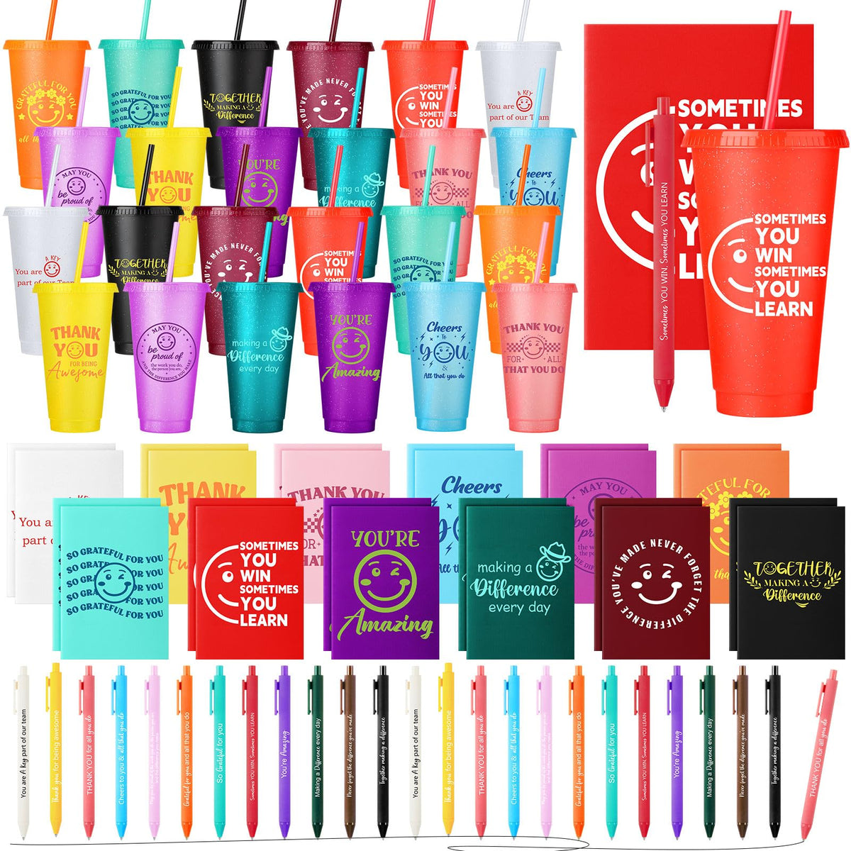 Feifeiya 72 Pcs/ 24 Set Thank You Gift Bulk 24 oz Appreciation Tumbler with Lids and Straws Motivational Pens Inspirational Notepads Set Plastic Cups Gift for Valentines Employee Team Staff Coworker