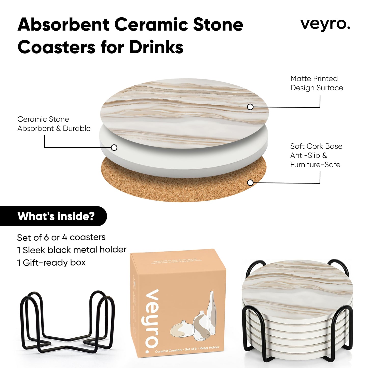 VEYRO Ceramic Coasters Set of 6 – Absorbent Stone Drink Coasters with Holder, Non-Slip Cork Backing, Modern Marble Look Coasters for Coffee Table, Desk & Home Decor