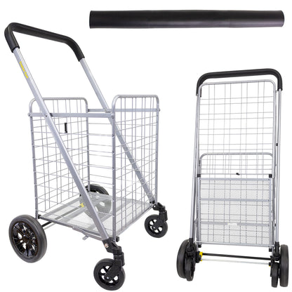 dbest Products Cruiser Cart Deluxe 2 Germ Guard Bundle Shopping Handle Grocery Rolling Folding Laundry Basket on Wheels Foldable Utility Trolley Compact Lightweight Collapsible
