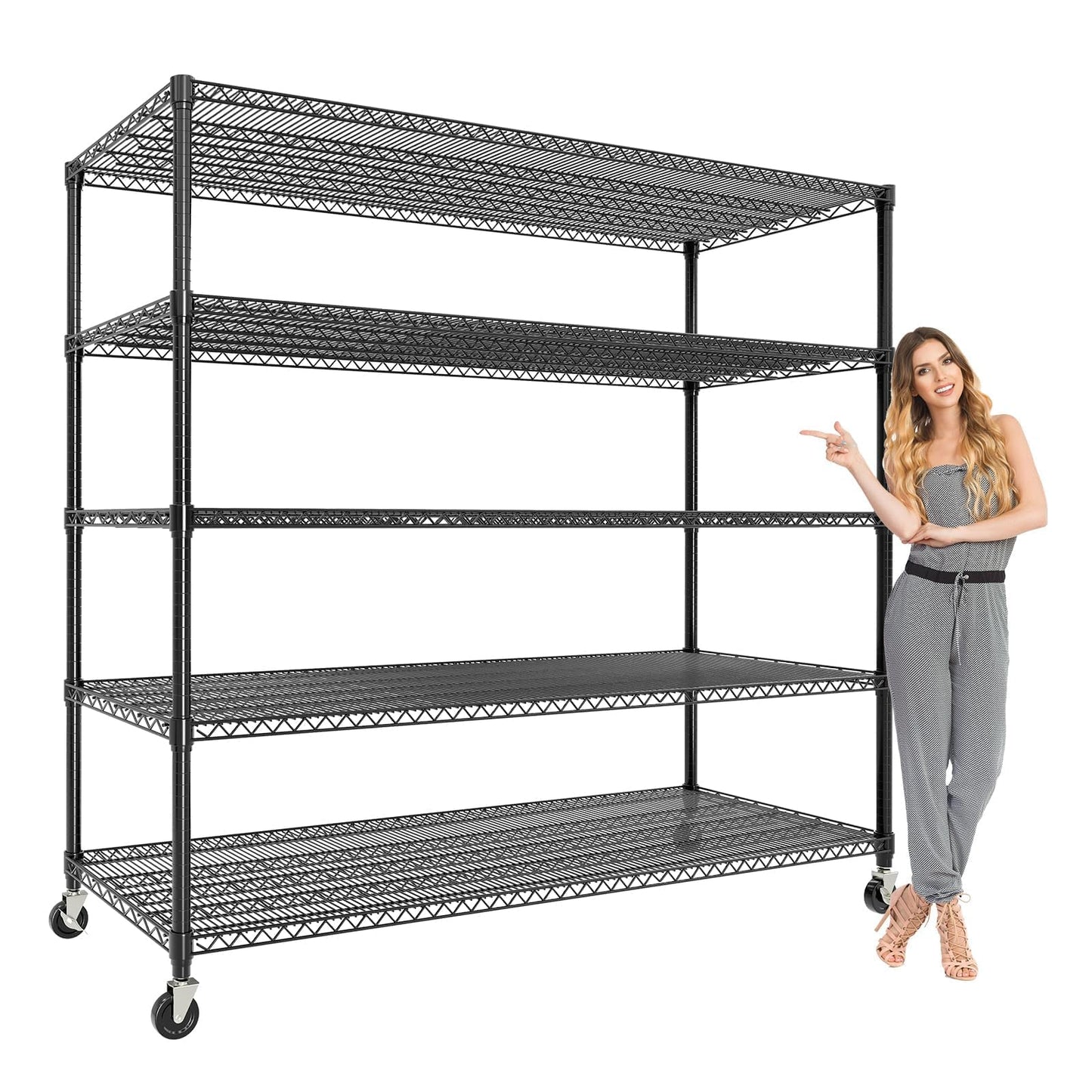 GarveeTech 5-Tier Wire Storage Shelves with Wheels, 3300LBS Heavy Duty Metal Shelving Unit with Adjustable Storage Shelves for Home, Pantry & Warehouse, Easy Assembly, 82.6" H x 59W x 23.6" D