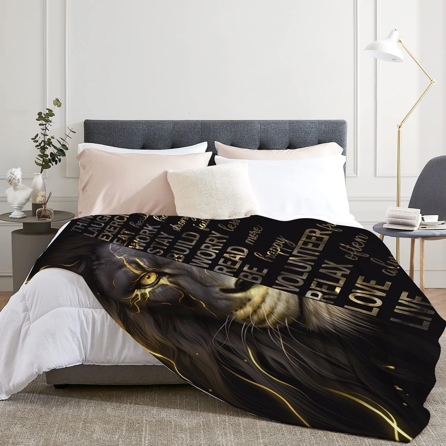 Miyotaa Lion Man Black Gold Blanket 50Wx60H Inch Quotes Inspirational Motivational Positive Masculine Male Warm Fuzzy Throw Blanket for Sofa Bed Throws Birthday Presents