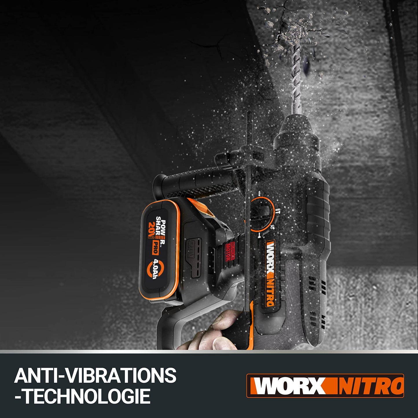 WORX Nitro 18V (20V MAX) Cordless Rotary Hammer Drill, PowerShare, Brushless Motor, SDS Plus, Max. Impact Energy 2.0 J, 3 Functions, Anti-Vibration, Bare Tool Only, WX381.9