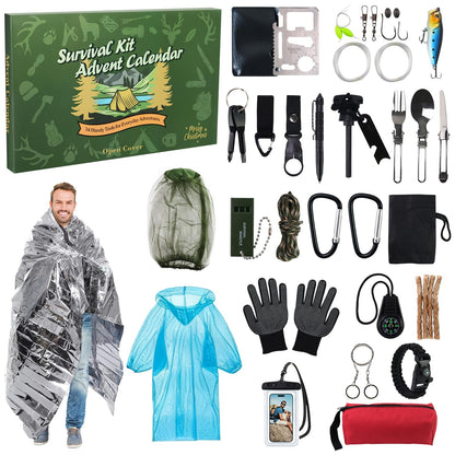 Survival Kit Advent Calendar for Men,24 Day Christmas Countdown Calendar Emergency Survival Gears Gift for Adults, 2025 Xmas Gifts for Outdoor Enthusiasts, Camping, Fishing, Hunting, Hiking