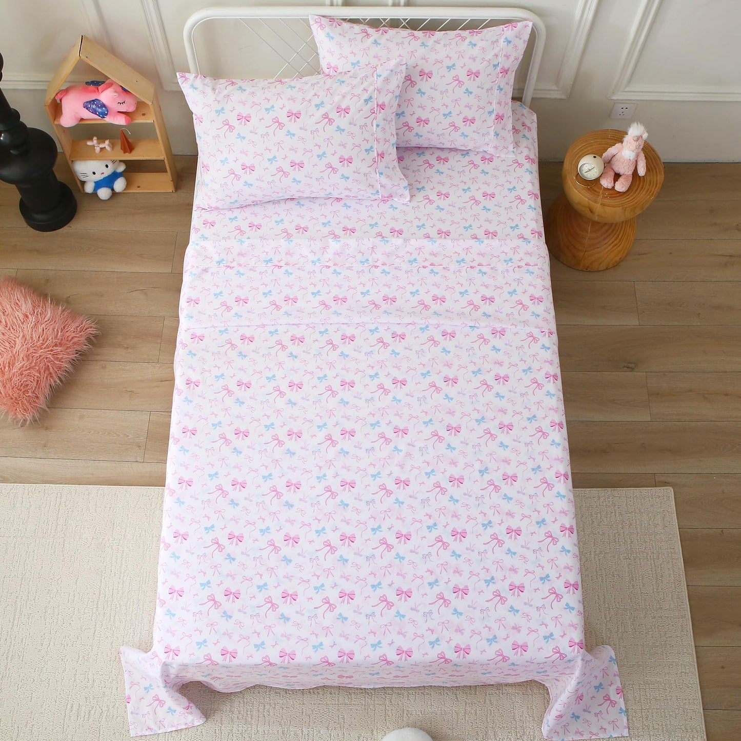 Softan Kids Bed Sheet Set, Girls Twin Size Kids Sheets, Microfiber Fitted Sheet and Pillowcase, Breathable and Silky Soft, 3 Piece Colourful Bowknot Printed Twin Bed Sheet