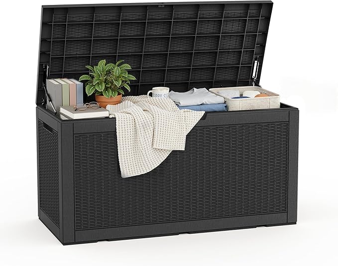 ROJIK Outdoor Storage Housing Deck Box - Waterproof Patio Furniture, Garden Tools, Cushions, Pool Accessories Storage Bench with Lockable Lid and Side Handles (Black 110 Gal)