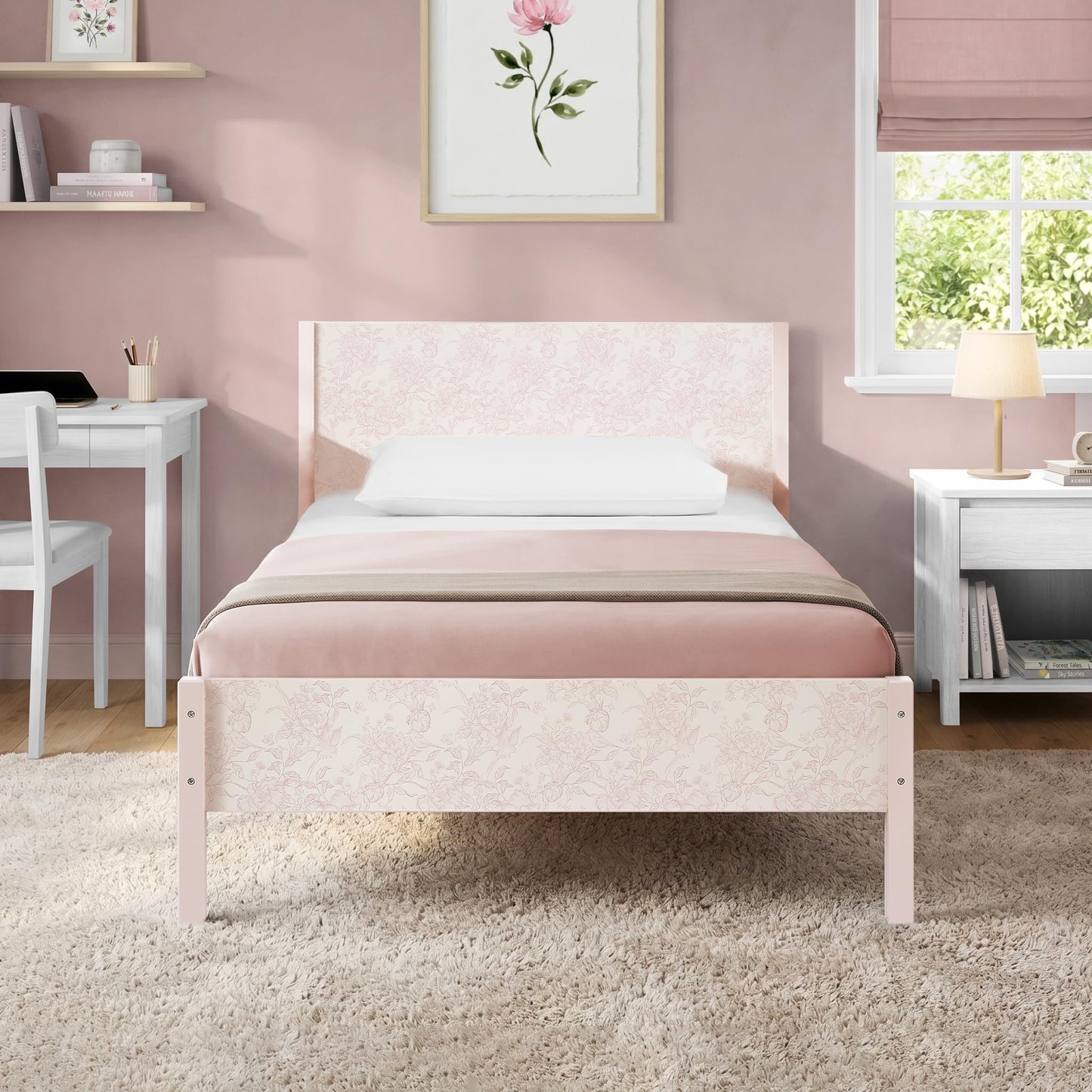 Delta Children Cora Wood Twin Bed with Removable Guardrails - Wood Twin Bed with Slats Supports for Girls & Boys Teens, No Box Spring Needed, Pink Floral Toile