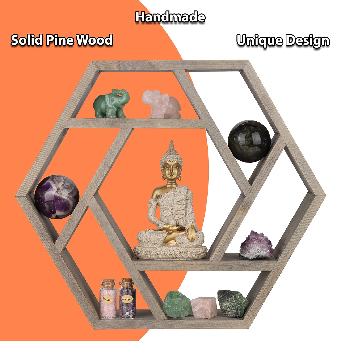 Venture Decor Crystal Display Shelf for Healing Stones and Zen, Essential Oil Shelf for Chakra, Tabletop or Floating Hexagon Shelves for Meditation, Buddha and Spiritual Decor