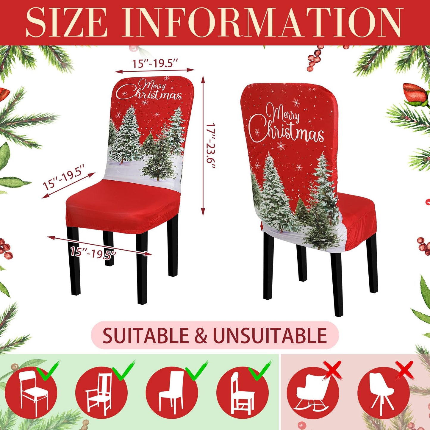 Preboun 6 Pcs Christmas Chair Covers Set Removable Washable Stretch Dining Room Slipcovers Parson Chair Protector for Christmas Home Ceremony Party Decoration, 3 Style(Classical,Red)