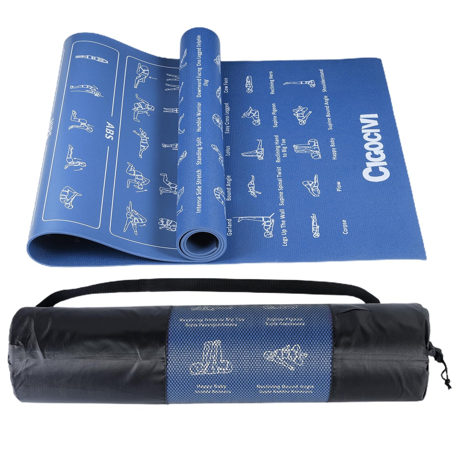 Instructional Travel Yoga Mat with 75 Poses & Exercises - Non-slip Exercise Mat for Home Workout, Includes Carrying Bag - Perfect for Beginners, 68"x24"x0.25"