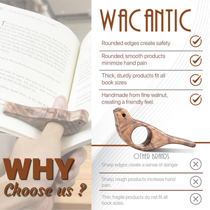 Walnut Bird Book Page Holder, Smooth Finish Wood Book Holder for Reading, Ideal Book Reader Gifts, Book Worm Gifts for Women, Thumb Book Page Holder - For Book Lovers & Literary Gifts (Large)