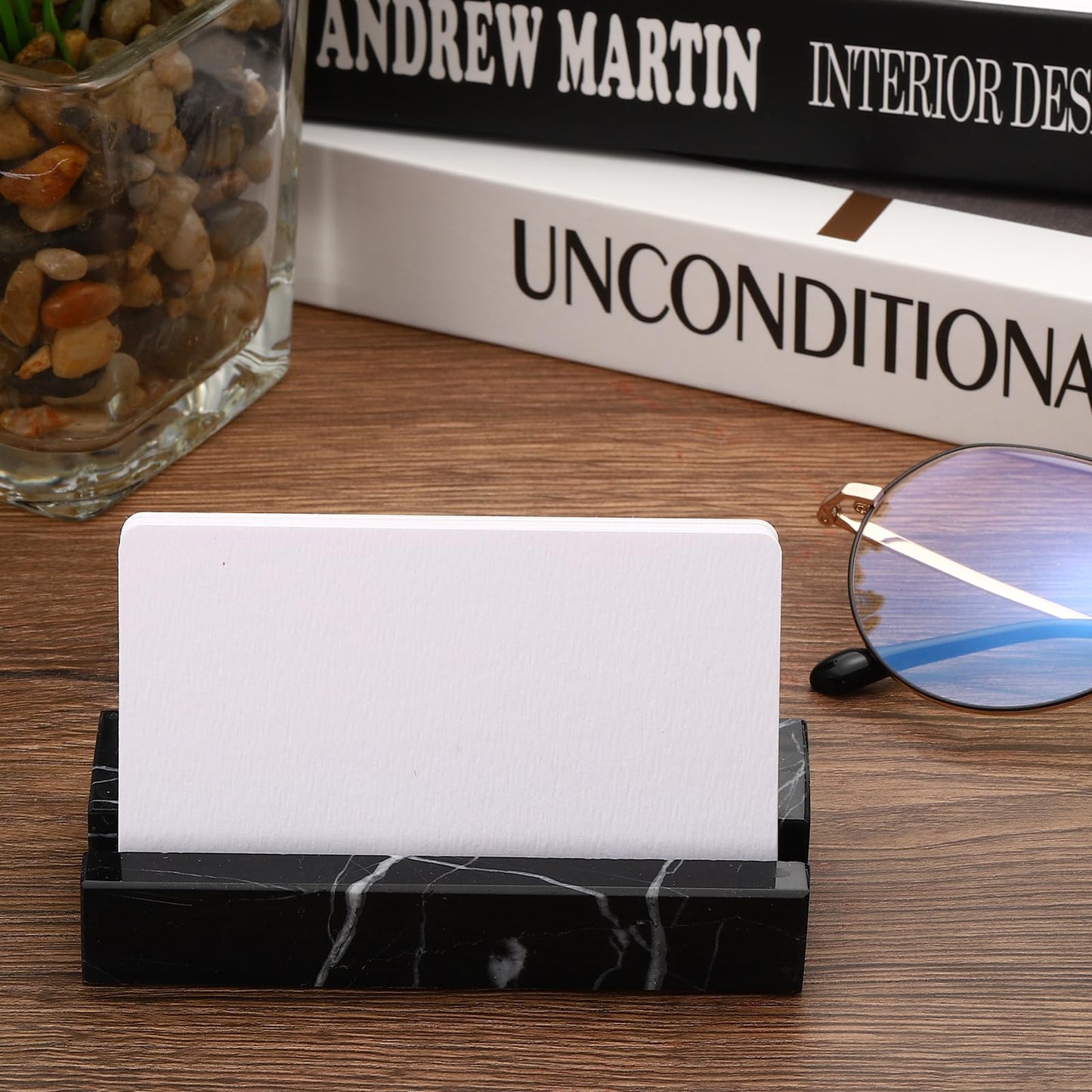 PATIKIL Business Card Holder for Desk, Marble Business Card Holders Stone Card Stand Organizer Cards Display for Office Exhibition, Black