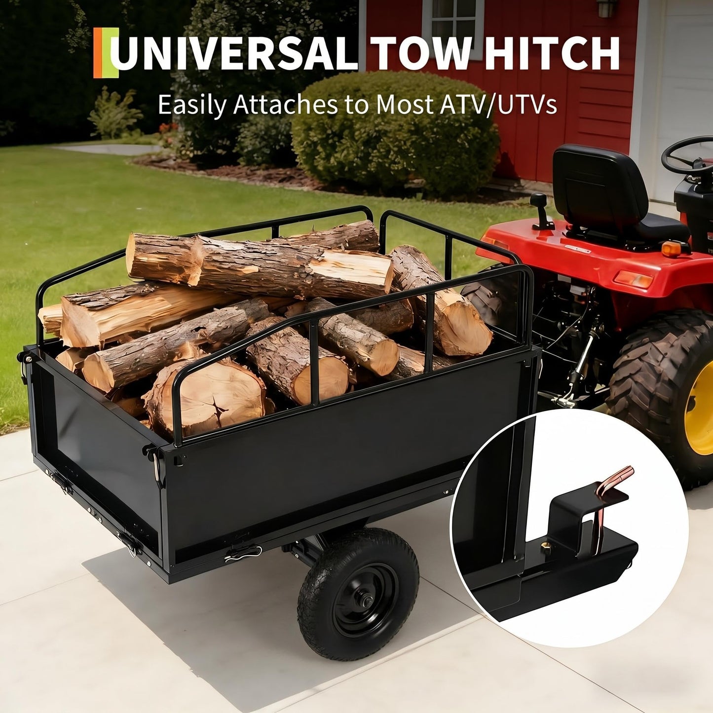 Heavy Duty ATV Trailer Steel Dump Cart, 750 lbs 17 Cubic Feet, Garden Utility Trailer Yard Trailers with Removable Sides for Riding Lawn Mower Tractor