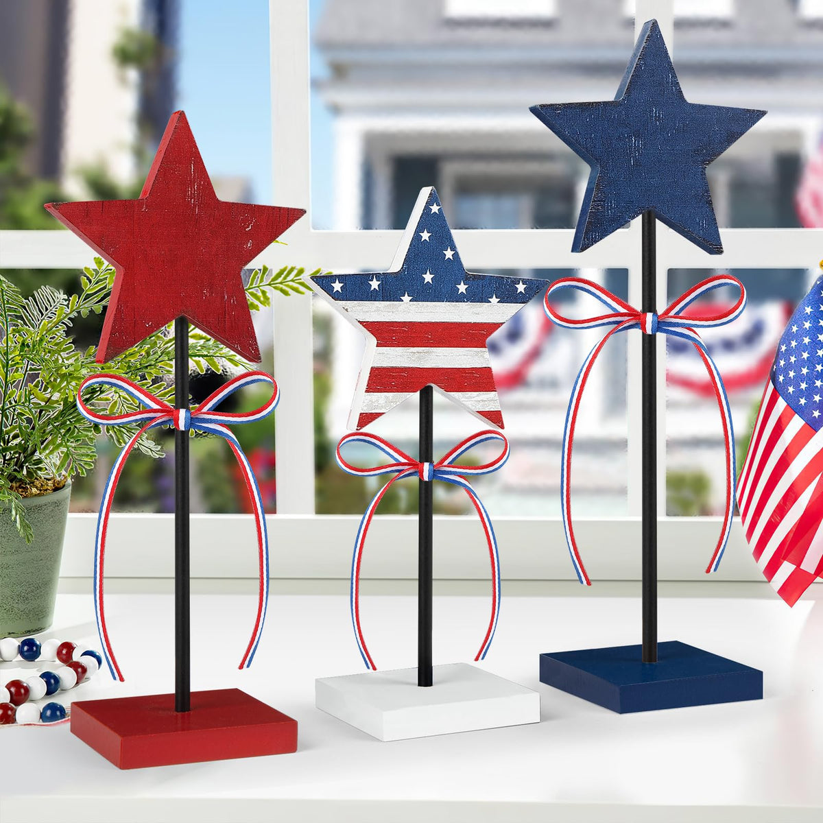 4th of July Tiered Tray Decor Wooden Star Set, 3 Pcs Memorial Day Table Decorations, Rustic Patriotic Tabletop Home Decor, Red White and Blue Decorations for Home (Retro)