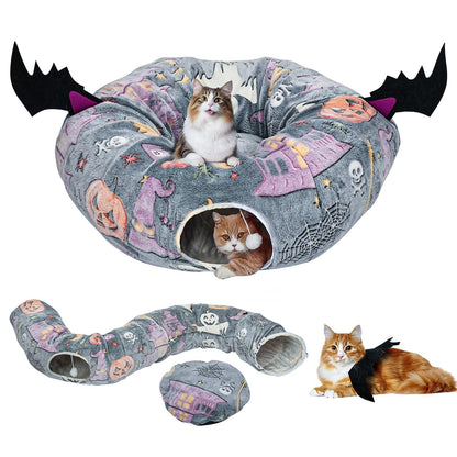 Tidjani Halloween Cat Tunnel Bed, Cat Tunnels for Indoor Cats with Bat Wings, Foldable Pet Donut Bed with Middle Mat and Dangling Balls, Pet Play Toy with Ghost, Spider Web Pattern Decorations