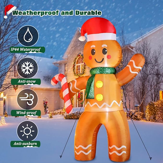 FunFanso 6 FT Christmas Inflatable Gingerbread Man with Candy Cane, Blow Up Cute Decoration with Build-in LEDs, Inflatable Outdoor Decorations for Holiday Lawn Garden Patio Home Porch Xmas Party Eve