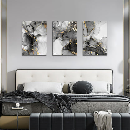 FajerminArt 3 Panels Framed Canvas Wall Art Marble Gray Gold White Pictures Printing Painting Poster Canvas Prints Wall Decor for Bedroom Living Room Bathroom Office Ready to Hang 40x60cmx3Pcs