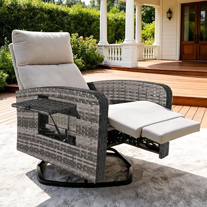 Outdoor Recliner Chair Set of 2, Wicker Patio Recliners with Adjustable Backrest and Extended Foot Rest, Reclining Patio Chairs with Flip Table & Removable Cushion Cover for Porch
