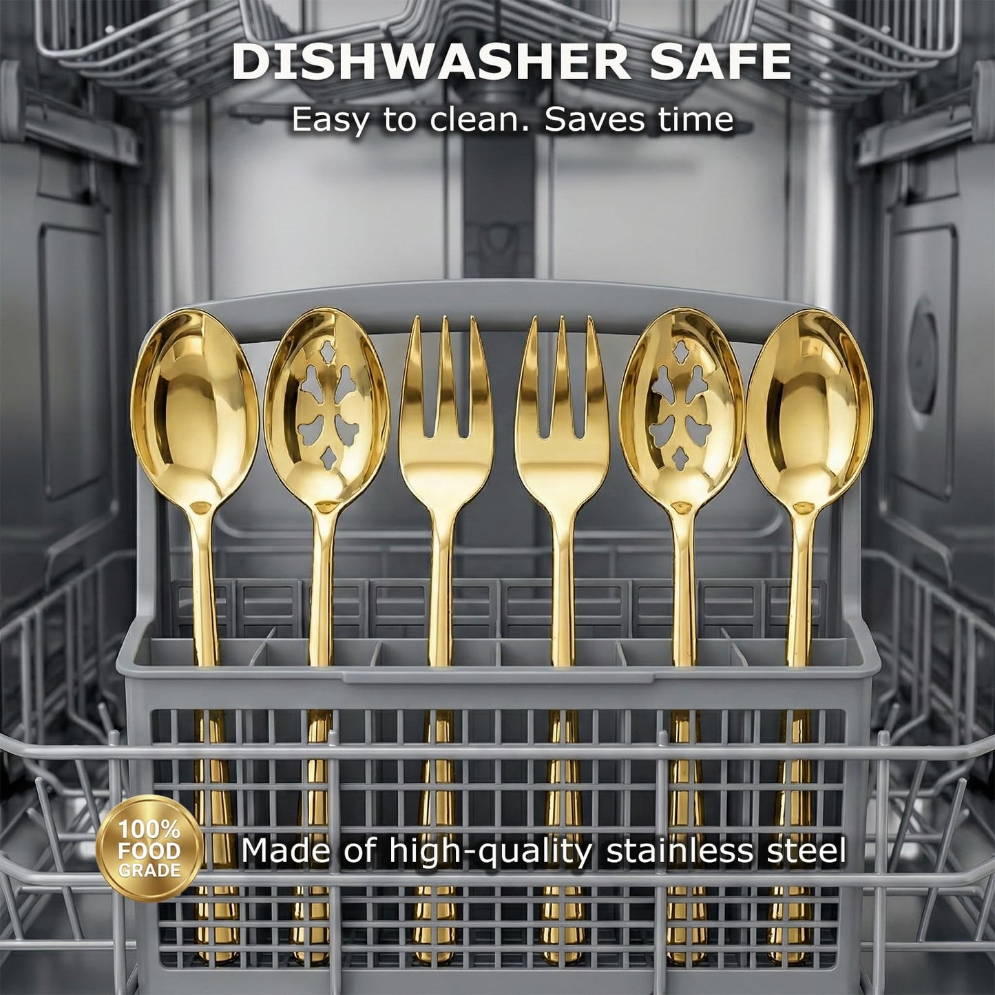 Serving Spoon x 2,Slotted Serving Spoon x 2,Serving Forks x 2,RTT 9 Inch Stainless Steel Catering Serving Utensils for Party Buffet Dinner Banquet Kitchen Basics (Golden Titanium Finish)