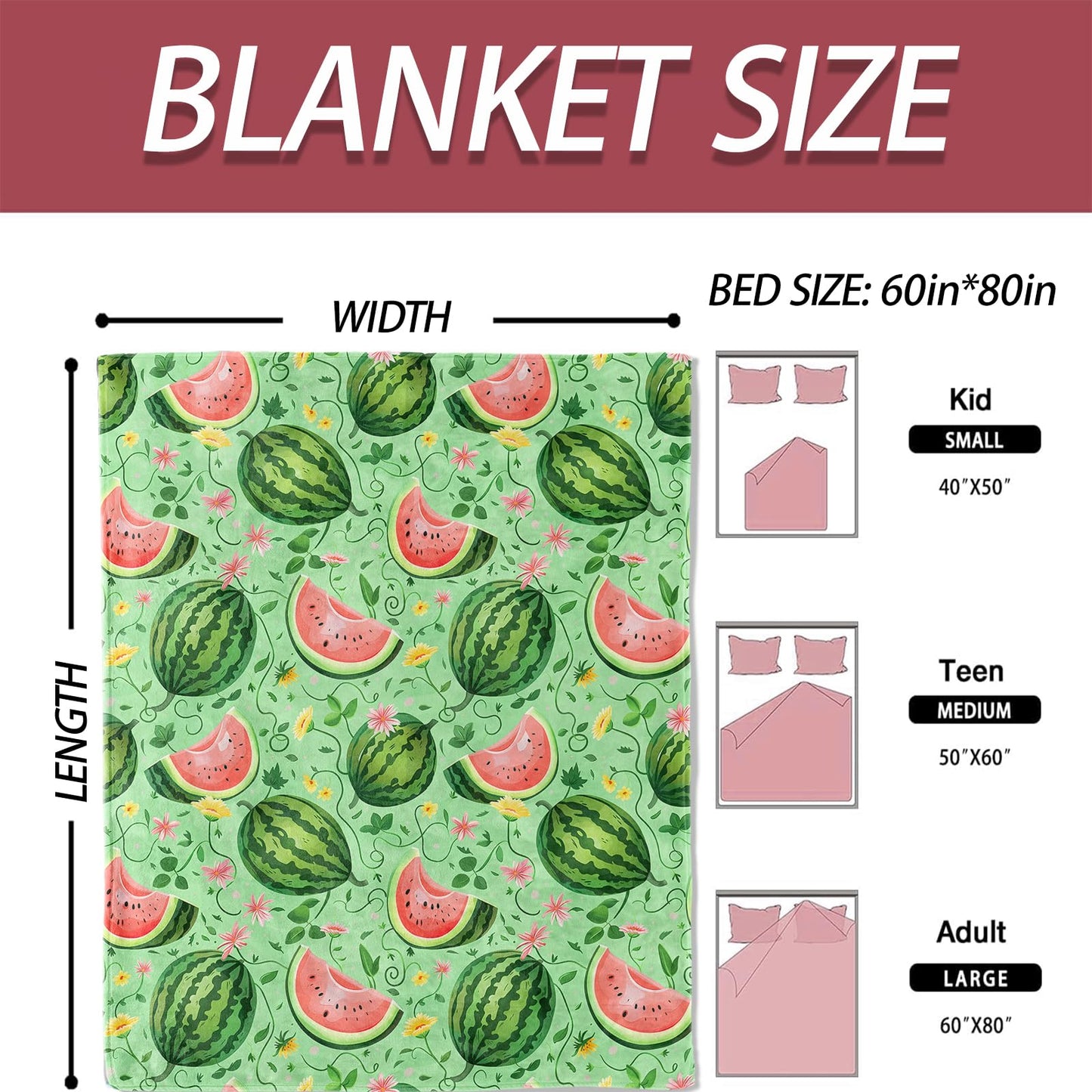 ICAAV Summer Watermelon Blanket 50×60 Inch,Whimsical Cartoon Fruit and Floral Lightweight Flannel Throw with Light Green Background,Beach Cute Home Picnic Decor,Gifts for Girls,Women