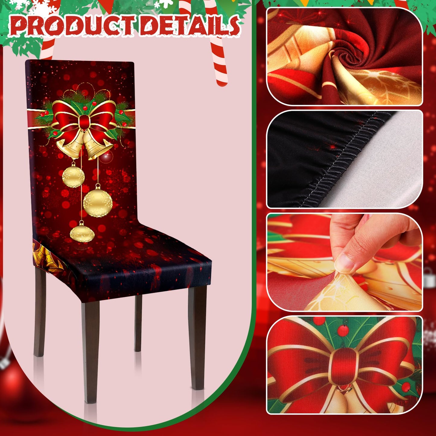 Moukeren 6 Pcs Red Christmas Chair Covers Set Stretch Removable Washable Christmas Dining Chair Seat Covers for Home Hotel Dining Room Kitchen Banquet Wedding Xmas Party Decor