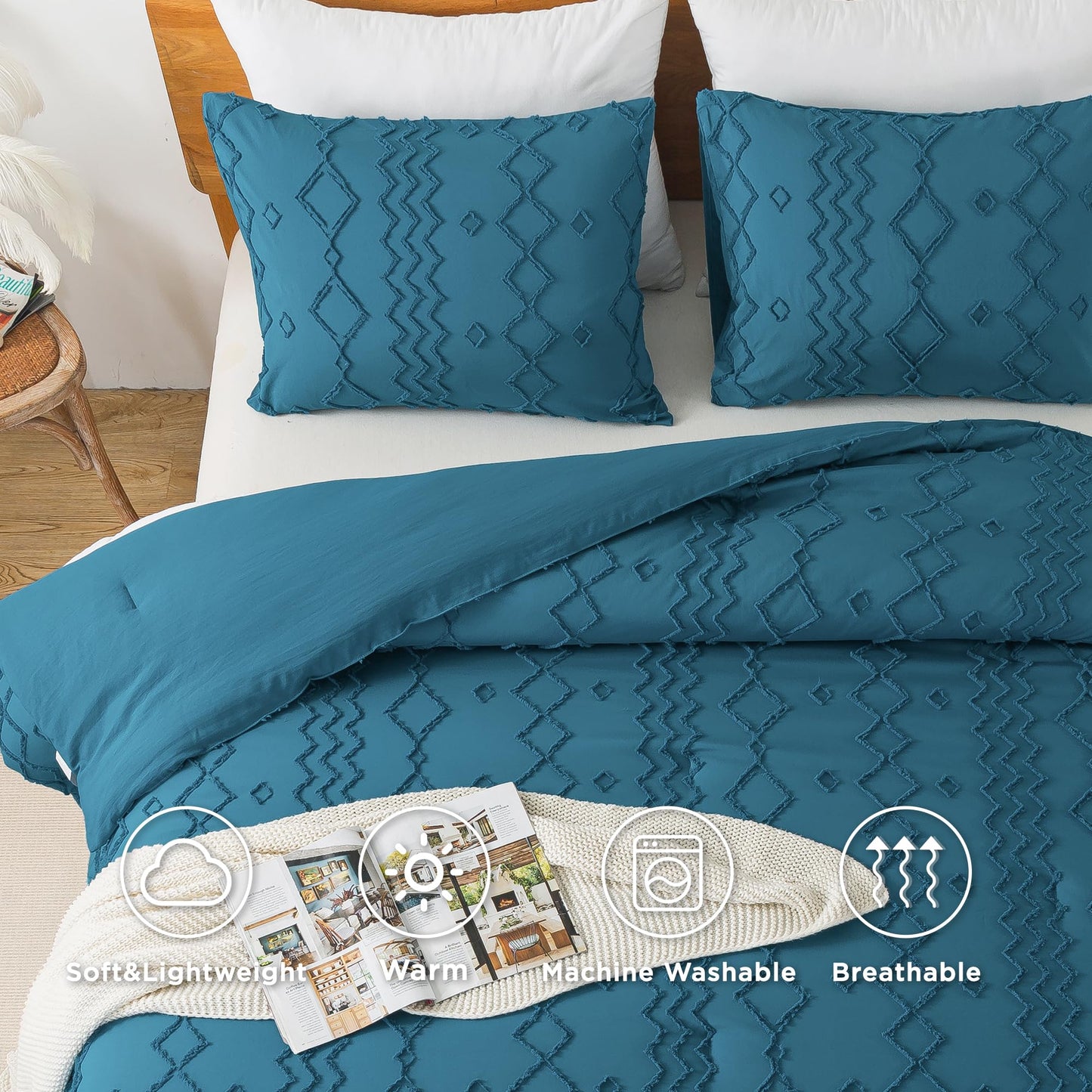 Andency Teal Tufted Comforter Set Queen(90x90Inch), 3 Pieces(1 Boho Comforter, 2 Pillowcases) Textured Farmhouse Bed, Soft Down Alternative Geometric Bedding Set