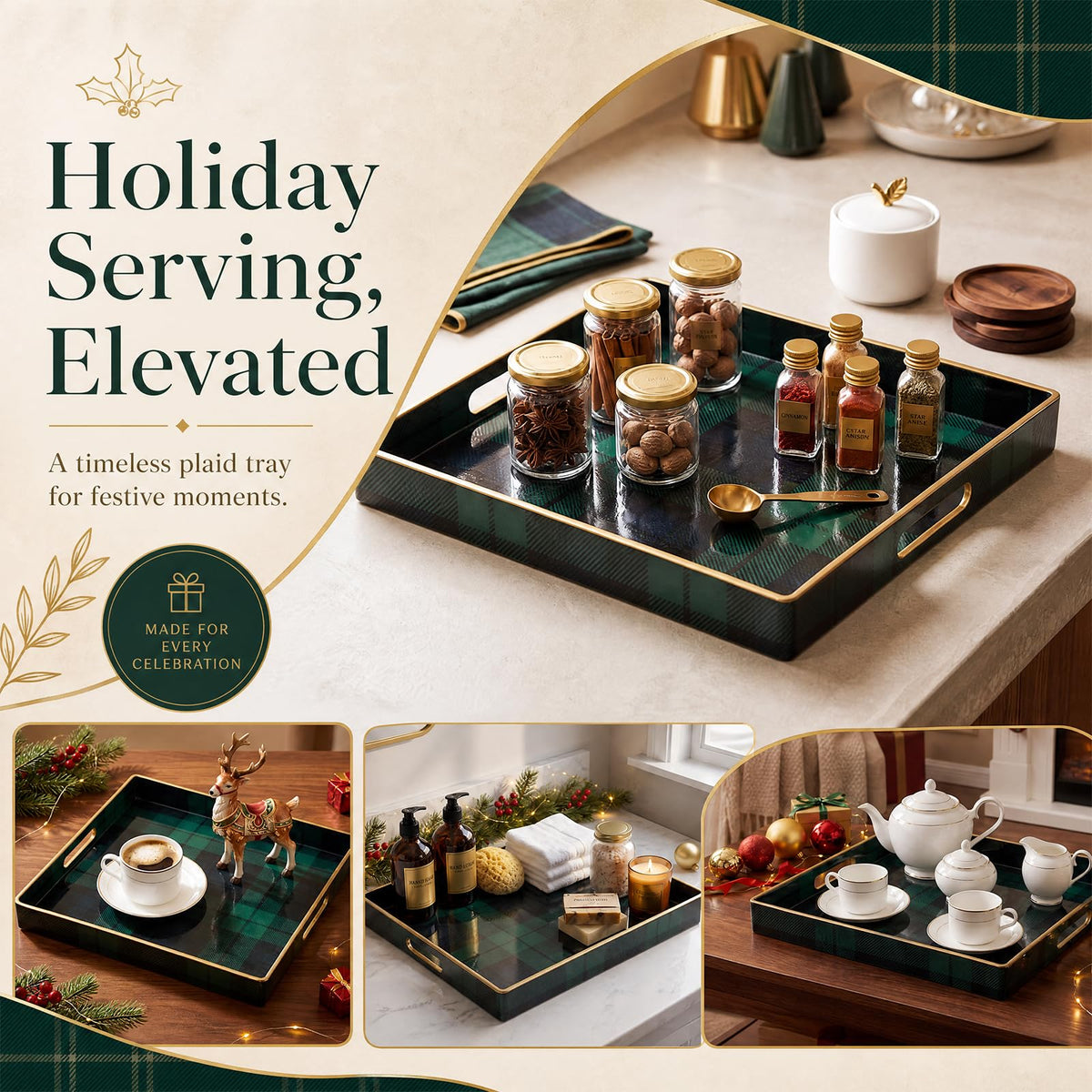 Nuanchu Tartan Tray Decorative Square Serving Tray with Handles for Coffee Table 13" x 13" Green Plastic Retro Decoration for Bar Living Room Bathroom Home Christmas