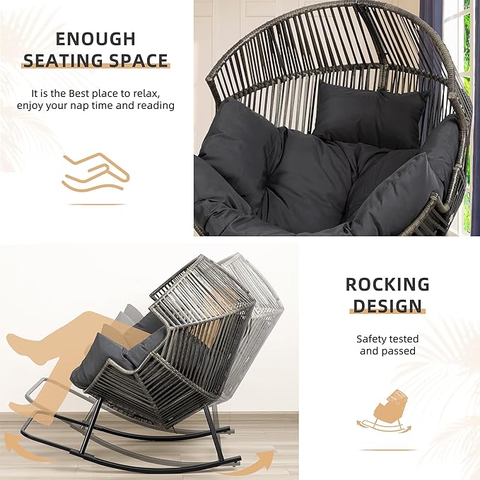 Vongrasig Wicker Rocking Egg Chair PE Rattan with Cushion, Oversized Patio Lounge Rocker Chair for Outdoor, Indoor, Balcony, Backyard, Garden, Black/Rattan