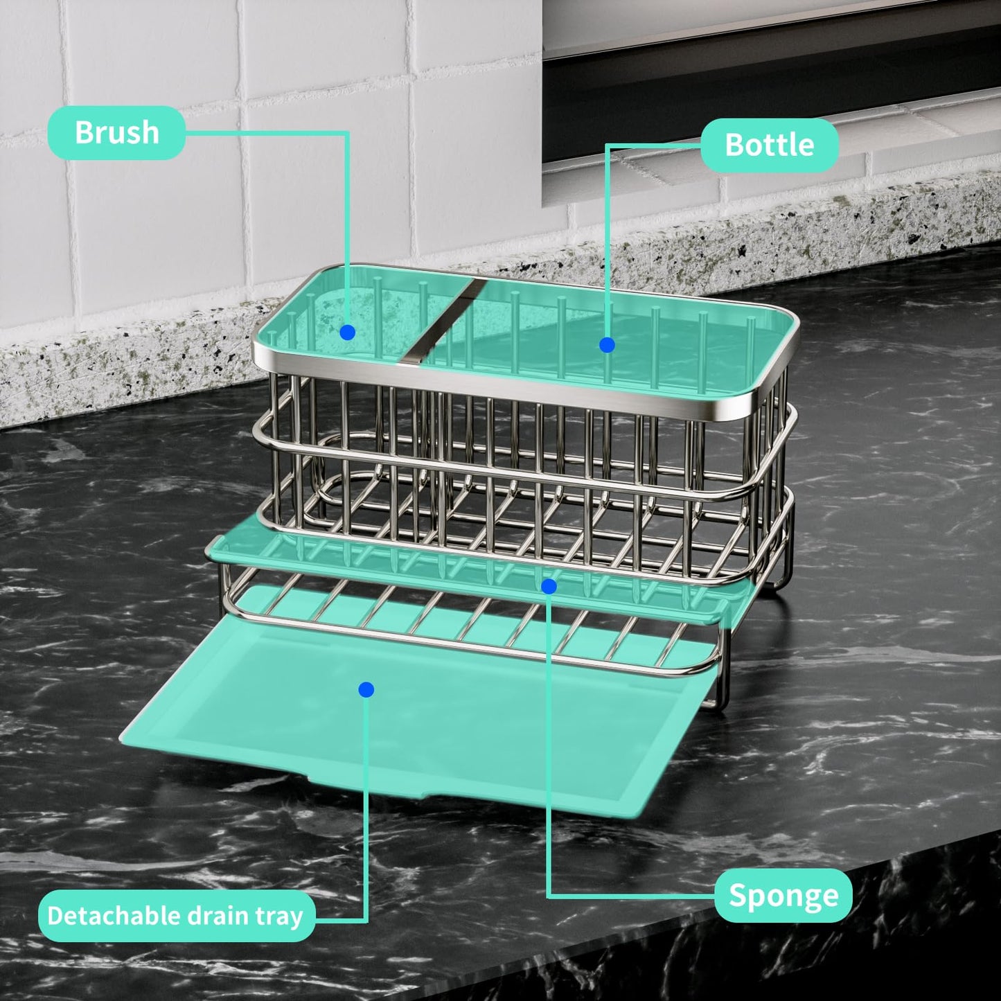 HapiRm Kitchen Sink Organizer, SUS304 Stainless Steel Rustproof Multifunctional Large Sink Caddy with Sponge Holder and Drain Tray for Kitchen Countertop (Silver)