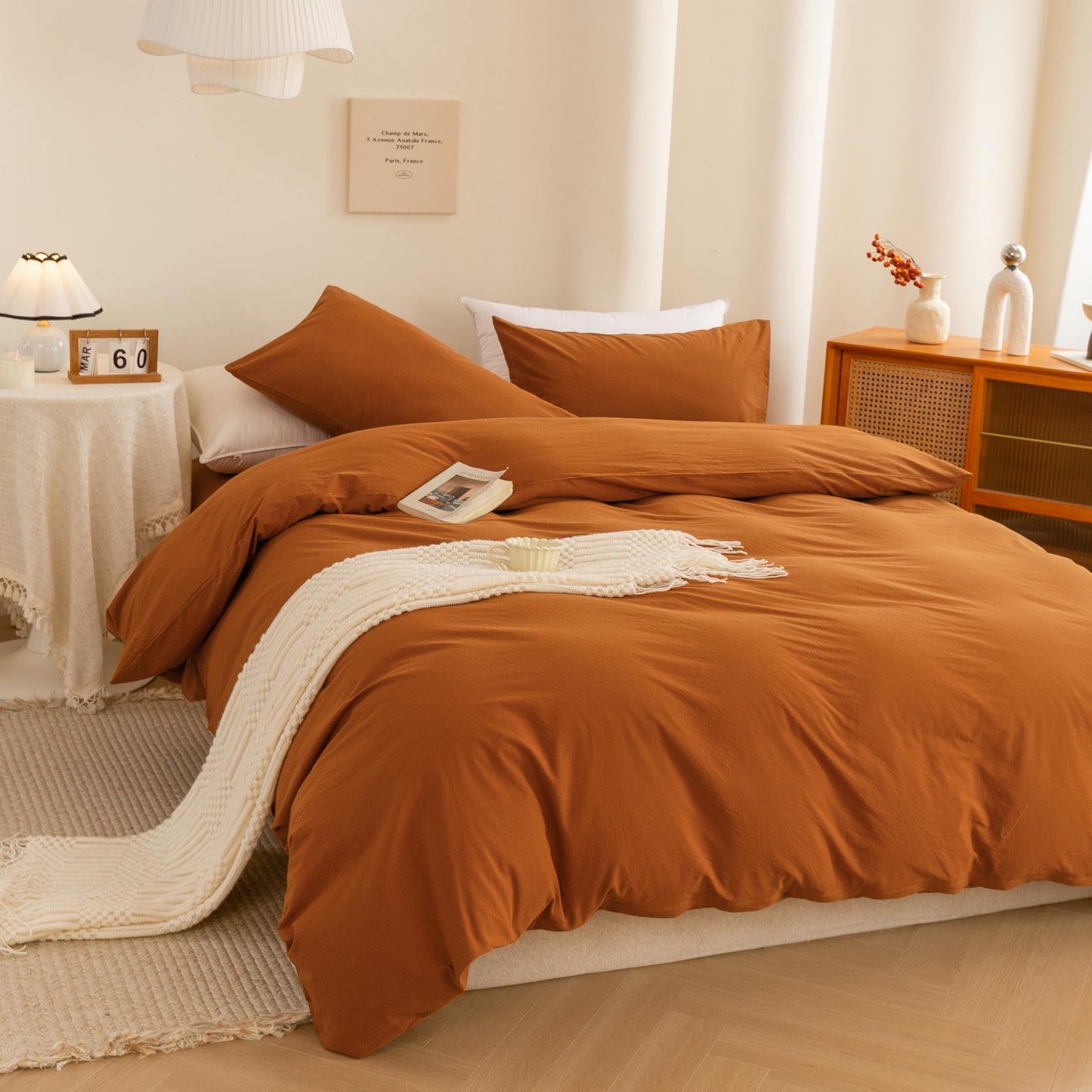 ECOCOTT Orange Duvet Cover Queen Size, 3 Piece 100% Washed Cotton 1 Duvet Cover with Zipper and 2 Pillowcases, Ultra Soft and Easy Care Breathable Cozy Bedding Set(Orange,Queen)