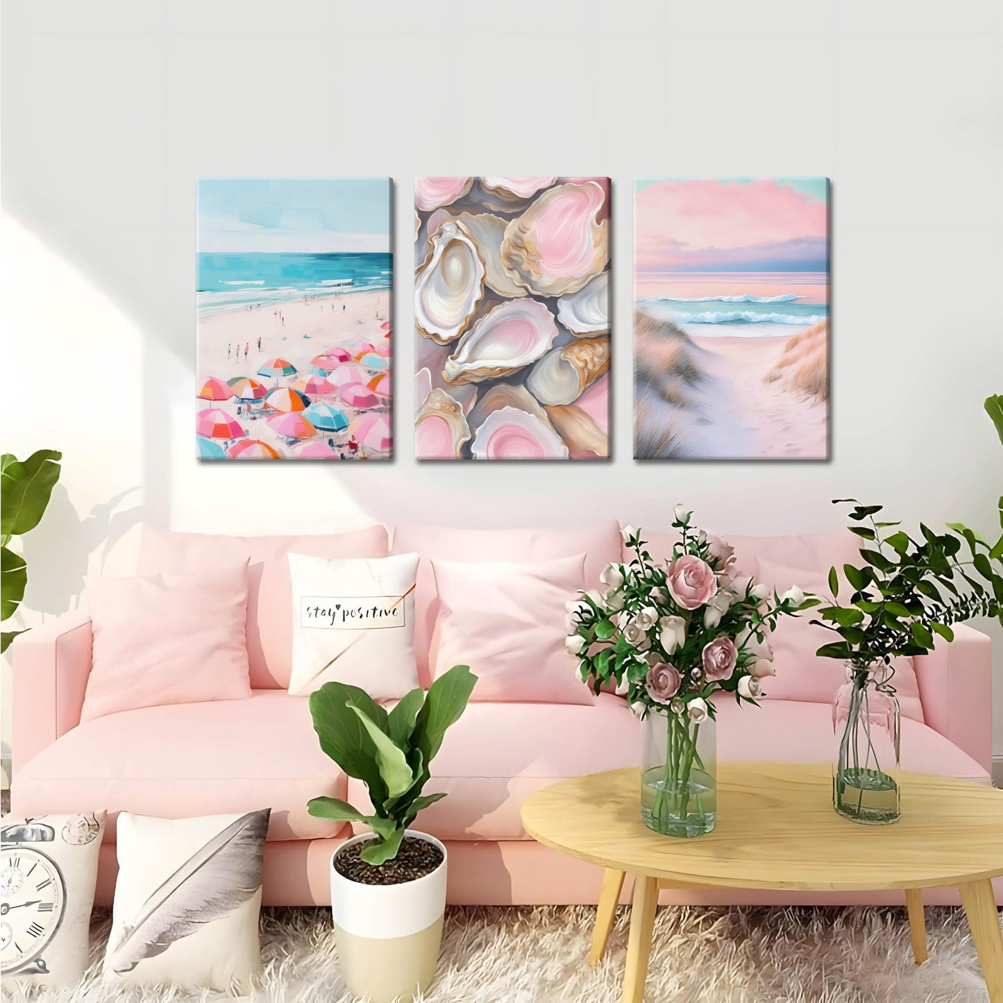 Preppy Coastal Canvas Wall Art Set of 3, Trendy Pink Beach Wall Decor Paintings, Summer Beachy Shells Oyster Aesthetic Posters Prints Pictures for Girls Room Dorm Bathroom Bedroom 16x24 Inch Framed