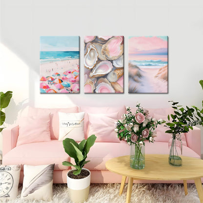 Preppy Coastal Canvas Wall Art Set of 3, Trendy Pink Beach Wall Decor Paintings, Summer Beachy Shells Oyster Aesthetic Posters Prints Pictures for Girls Room Dorm Bathroom Bedroom 16x24 Inch Framed