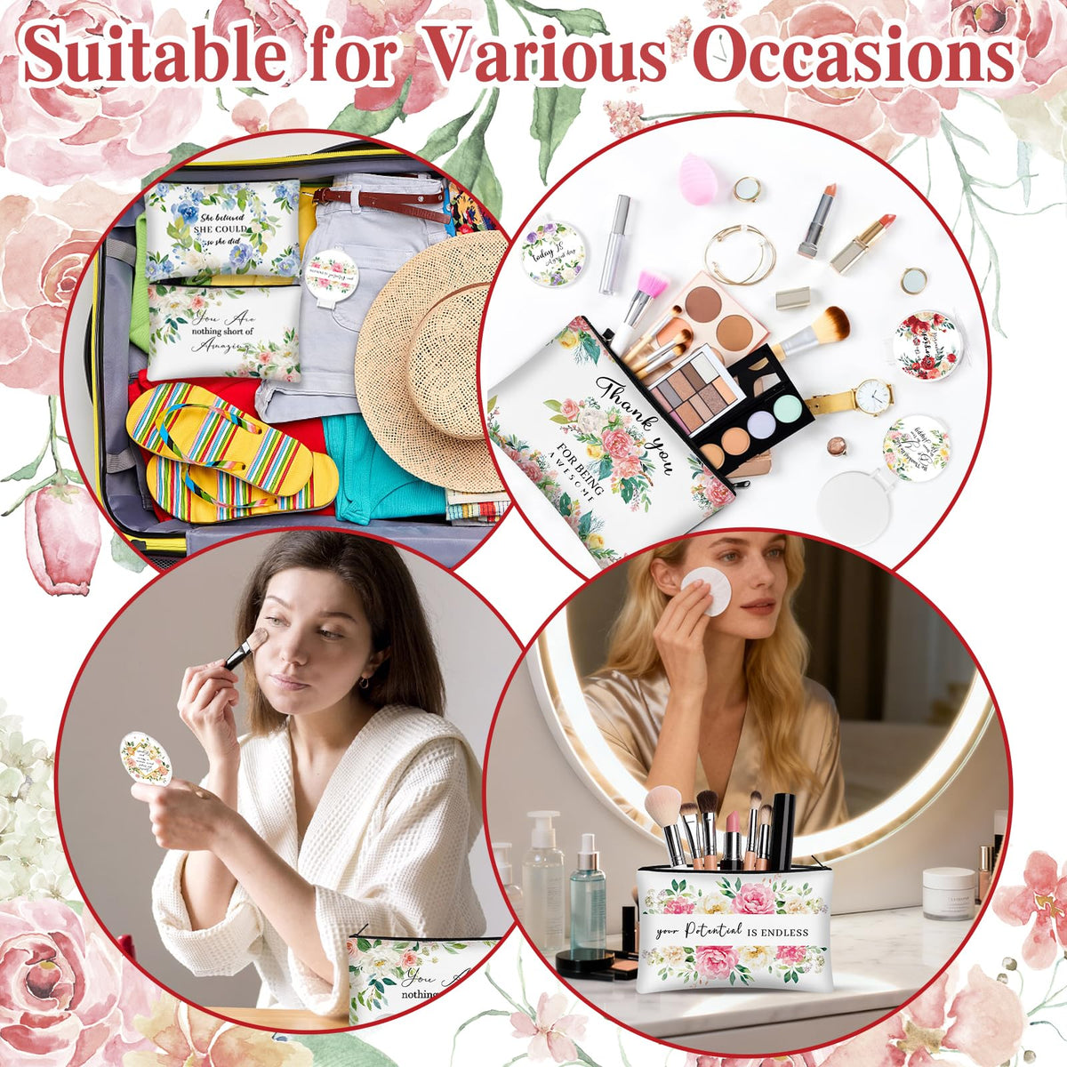 KOPOOEOE 40 Pcs Floral Inspirational Gifts Canvas Makeup Bags with Compact Mirrors Cosmetic Bags Thank You Pouch Bulk for Mothers Day Church Women Teacher Coworker Employee Gifts