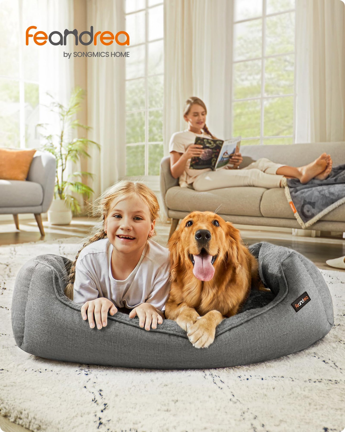 Feandrea Dog Bed, Linen-Look Pet Bed, Dog Sofa Bed with Raised Edges, Non-Slip Bottom, Removable Washable Cover, XL, for Large Dogs, 110 x 75 x 27 cm, Light Grey PGW12GG