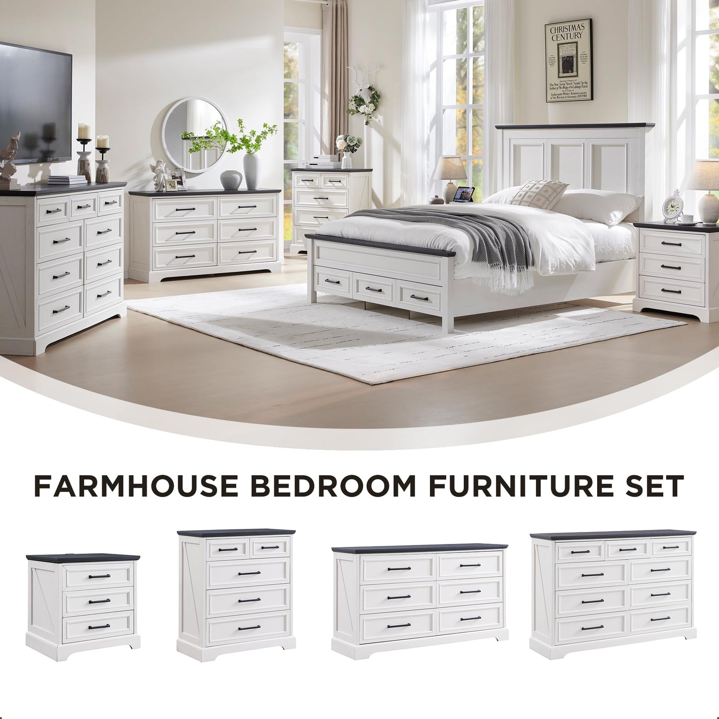 ACCOHOHO Farmhouse 9 Drawer Dresser for Bedroom, 36 Inch Tall Modern Dresser TV Stand with Large Drawers & Bar Handles, Rustic Wood Chest of Drawers for Bedroom, Living Room, Hallway, Off White